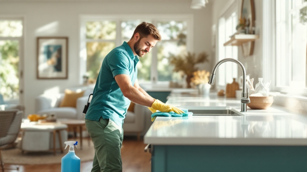Professional house cleaner wiping a spotless kitchen counter in a bright Los Angeles home